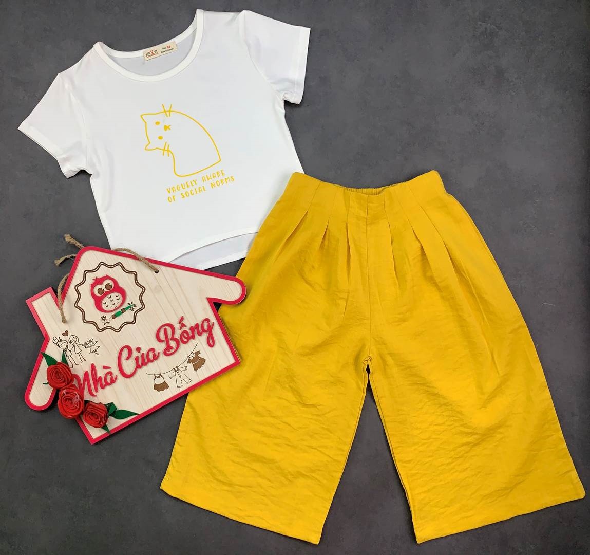 Set áo thun phối quần dài ống rộng phong cách cho bé áo chất thun cotton quần chất thun da cá dày dặn size 12-33kg