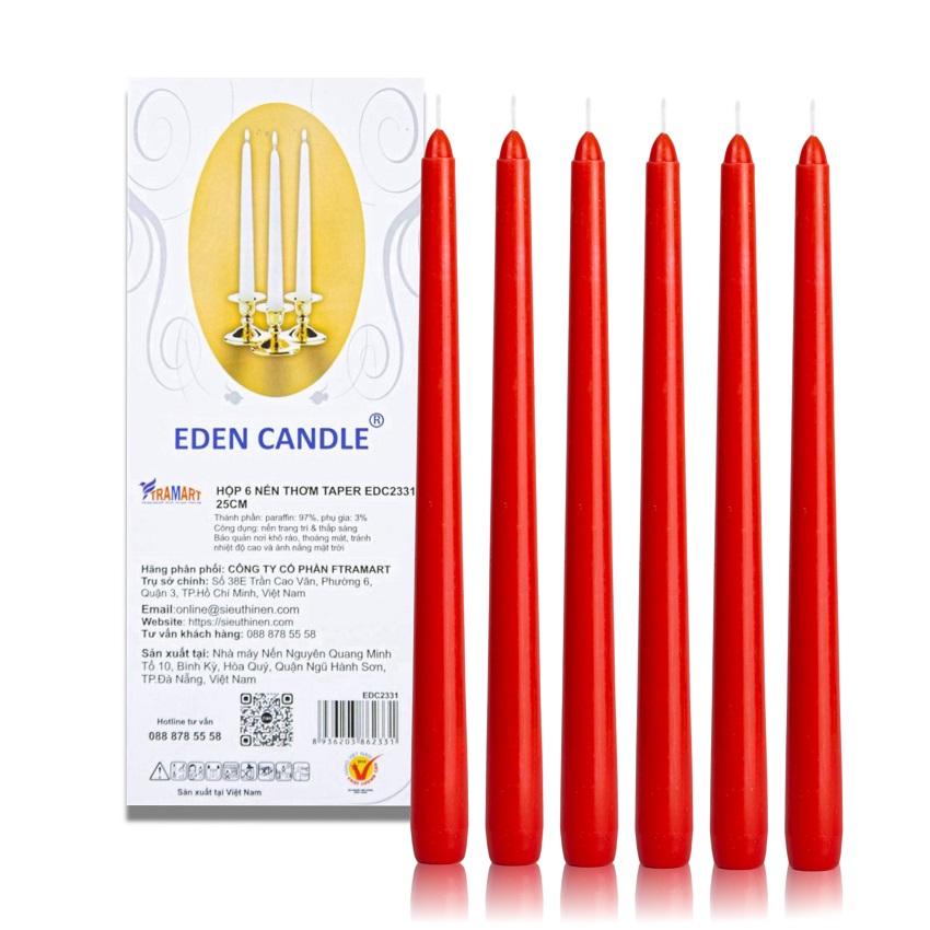 Hộp 6 cây nến thơm taper Quang Minh Candle EDC2331 23cm (Đỏ)