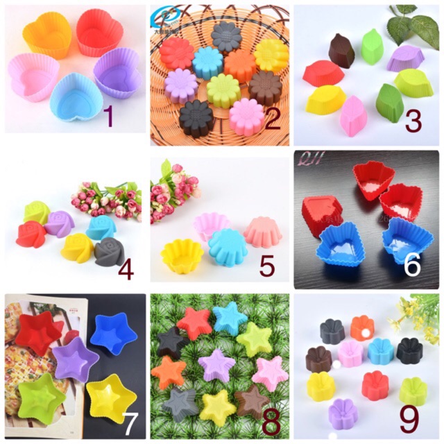 Khuôn cupcake silicon hồng, cúc, trái tim, lá, sao, thông, 6 cánh