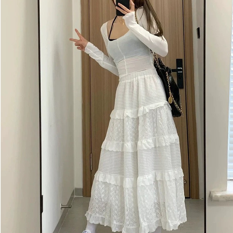 Chân váy dài vintage midi ren xòe, chân váy dáng dài trắng havana QJ34