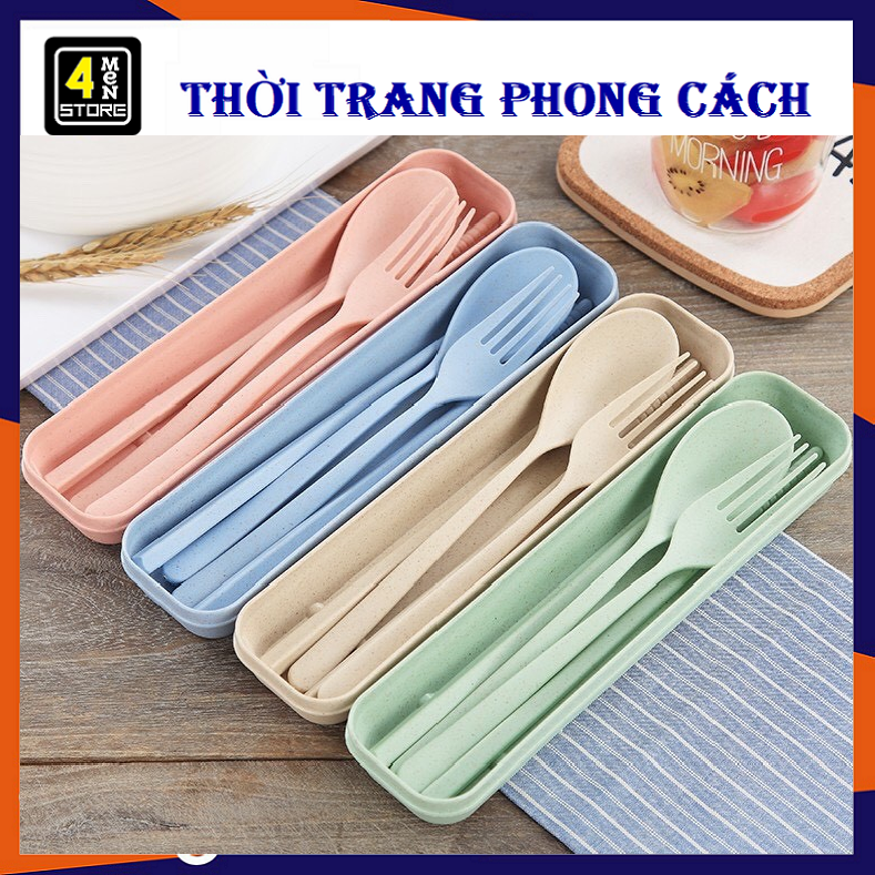Bộ 3 món đũa ,thìa ,nĩa làm từ thân lúa mạch kèm hộp an toàn bảo vệ môi trường - hộp 3 món muỗng, đũa , dĩa mang du lịch màu pastel tiện lợi