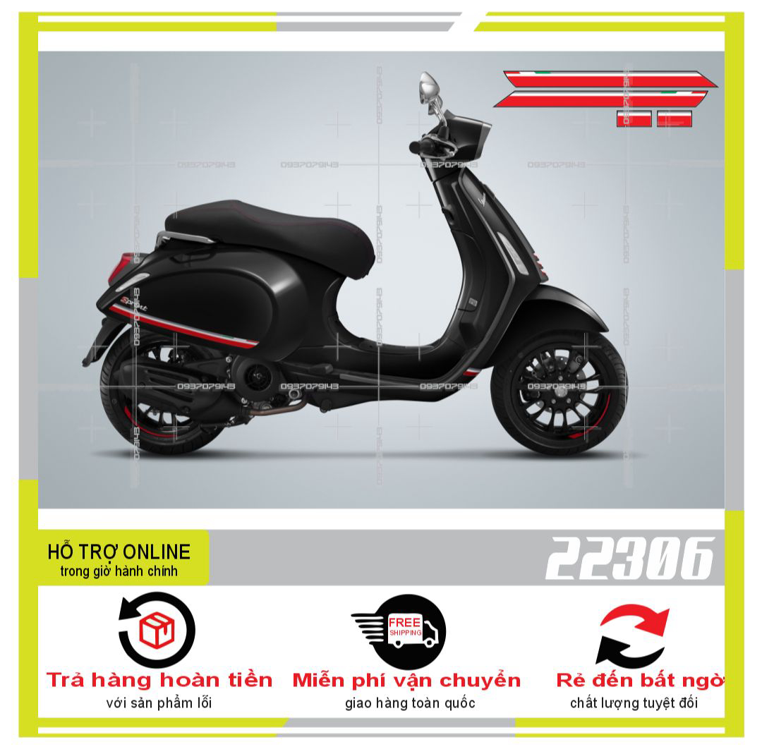Tem rời vespa đỏ đen dán bụng xe 22306 -decal chống nước - không bay màu