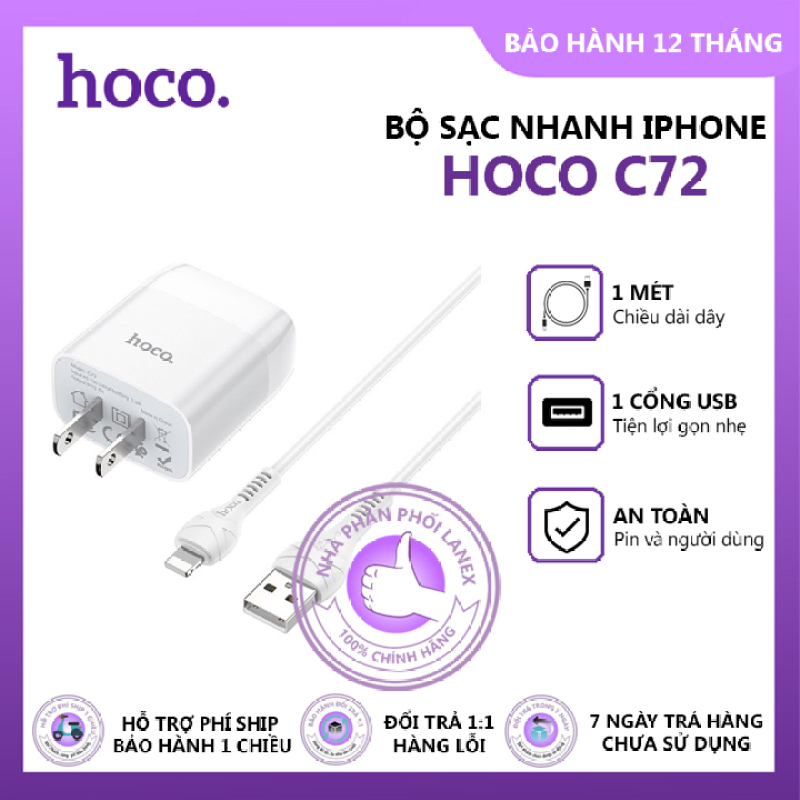 Bộ sạc nhanh iPhone 1 cổng USB Hoco C72, dây sạc dài 1m, cổng kết nối Lightning, tương thích với điện thoại iPhone 5 trở lên - Combo cáp sạc và cóc sạc