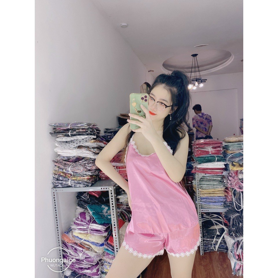 Bộ đồ ngủ Sexy 2 dây phi lụa phối bèo dễ thương Freesize dưới 57kg