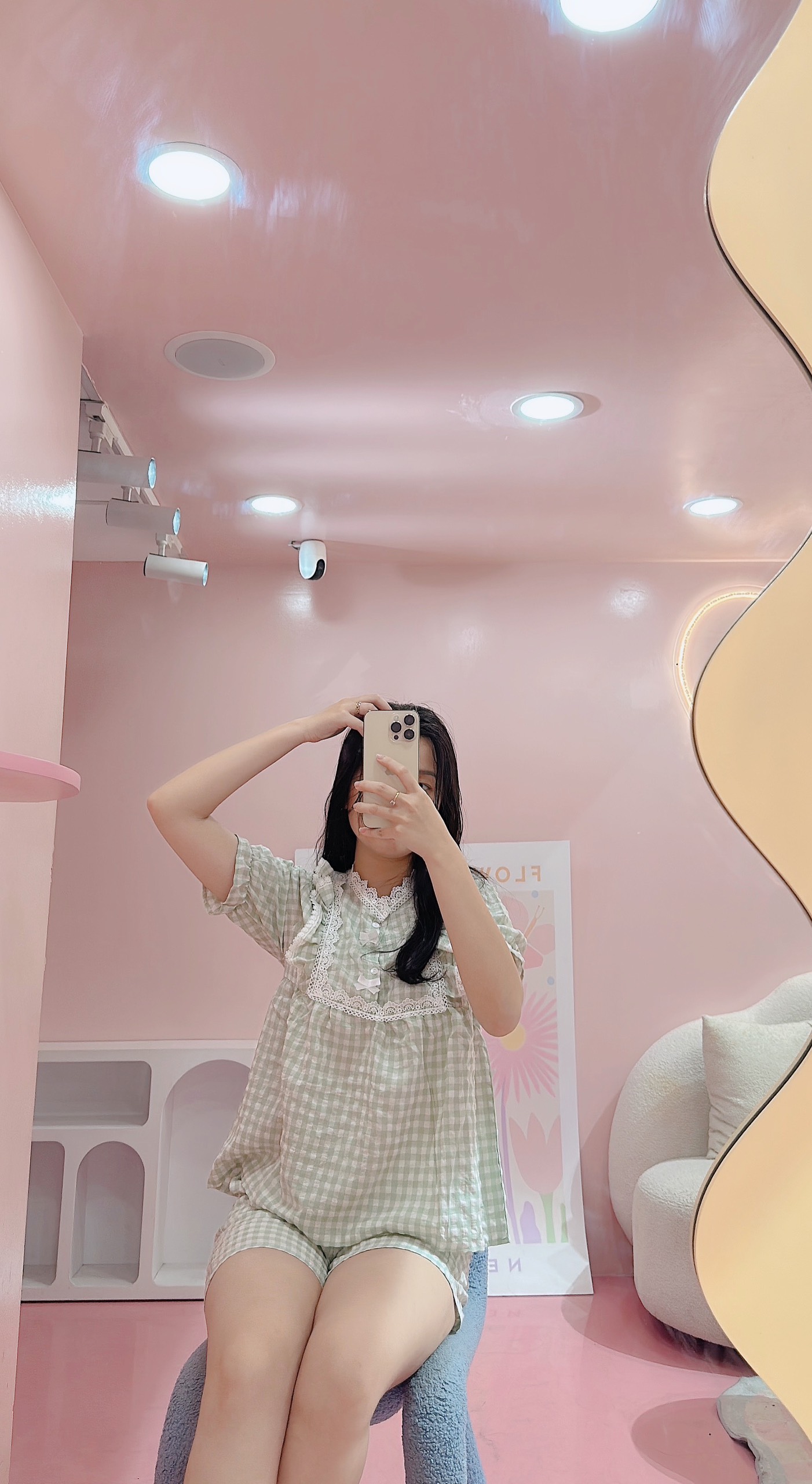Bộ Pyjama đồ bộ ngủ Kẻ Xốp Viền Ren Siêu Xinh Phong Cách Tiểu Thư