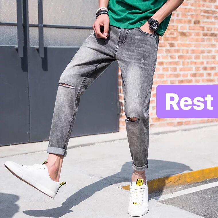 QUẦN JEAN NAM CHẤT BÒ XÁM LÔNG CHUỘT RÁCH GỐI TREND MỚI NHẤT EV-458 CAO CẤP- - EVEREST FASHION