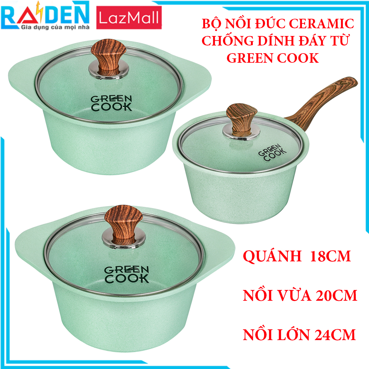 [CÓ VIDEO] Bộ 3 nồi đúc quánh đúc Ceramic nắp kính chống dính 5 lớp đáy từ Greencook GCS05 Size 18cm/20cm/24cm dùng cho bếp từbếp gabếp hồng ngoạibếp củi-Hàng chính hãng