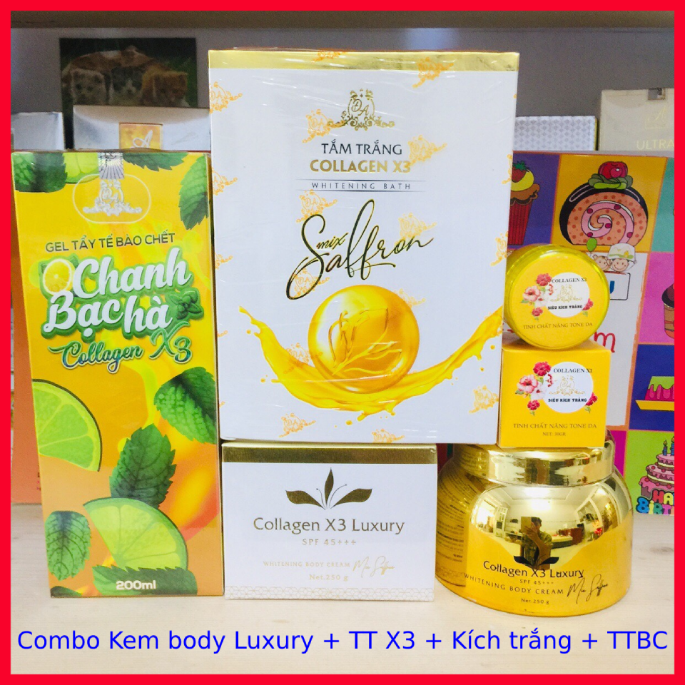 Combo Kem Body Luxury + Kích trắng X3 + Tắm trắng X3 + Tẩy tế bào chết Chanh Bạc hà X3 Chính Hãng