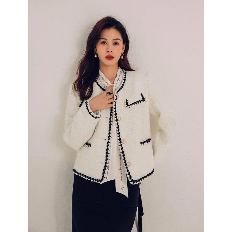 Áo Dạ Tweed Trắng Cổ Tròn Quynh Design