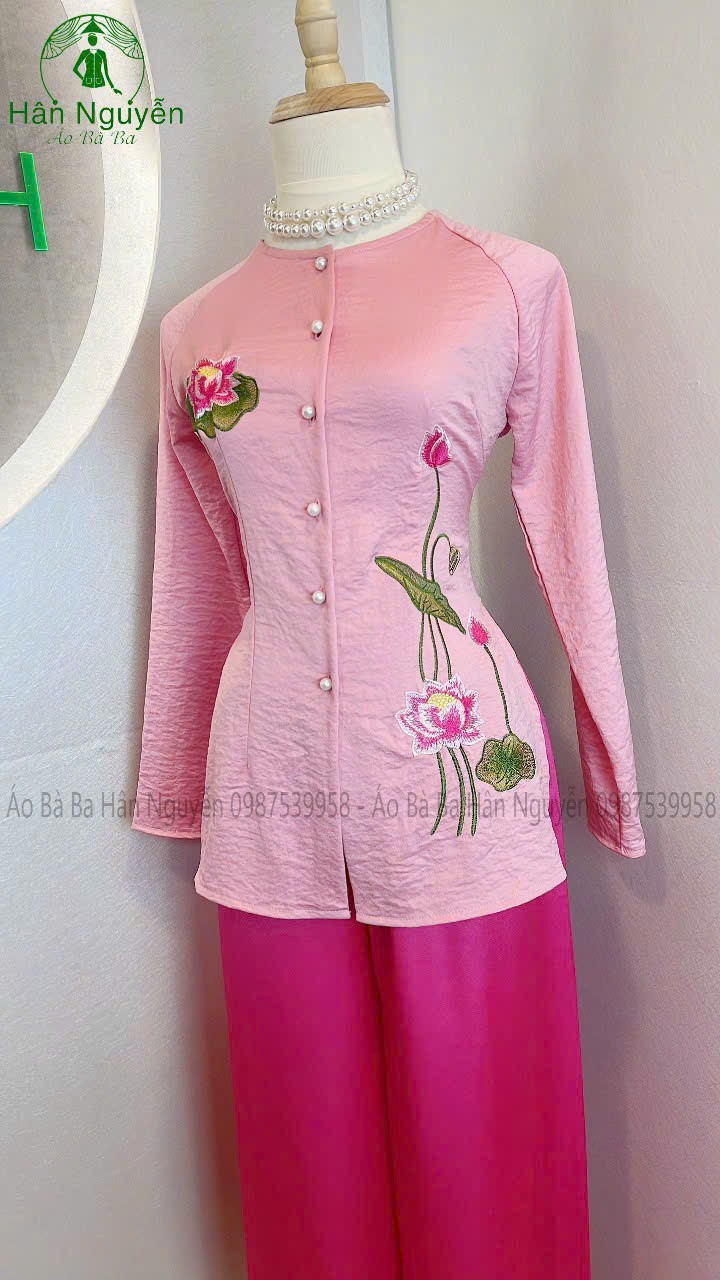 [HCM]SÉT BỘ BÀ BA THÊU SEN CỔ TRÒN VẢI LỤA MỀMMỊN