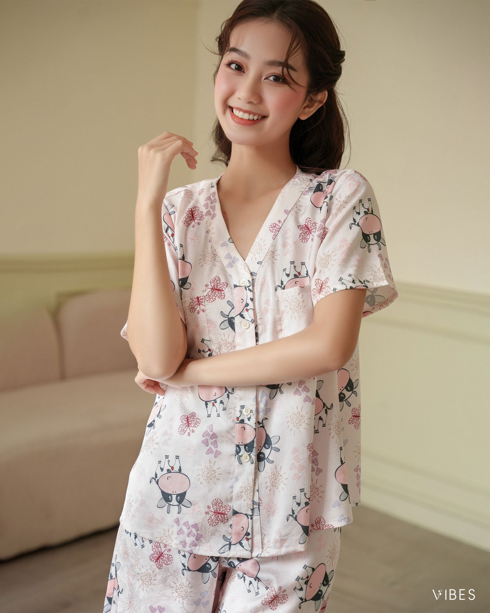 VIBES Pijama lửng Lụa gấm Little Cow Py Set