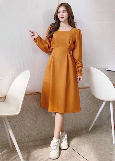 ĐẦM CAM TAY DÀI NƠ EO (có ảnh thật) MS108