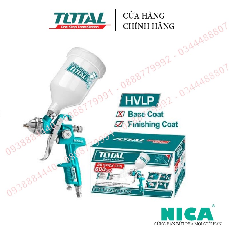 Súng phun sơn total tat10601 dụng cụ phun sơn 1.4mm, chiều rộng bình 180-250mm, 600cc, 4.2-7.1cfm