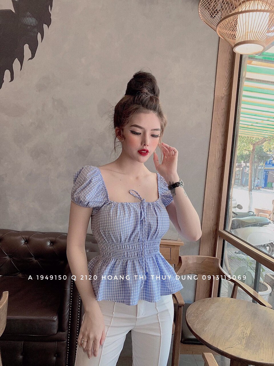 Áo kate caro cổ vuông bo nhún eo tay ngắn cute TTSA0099