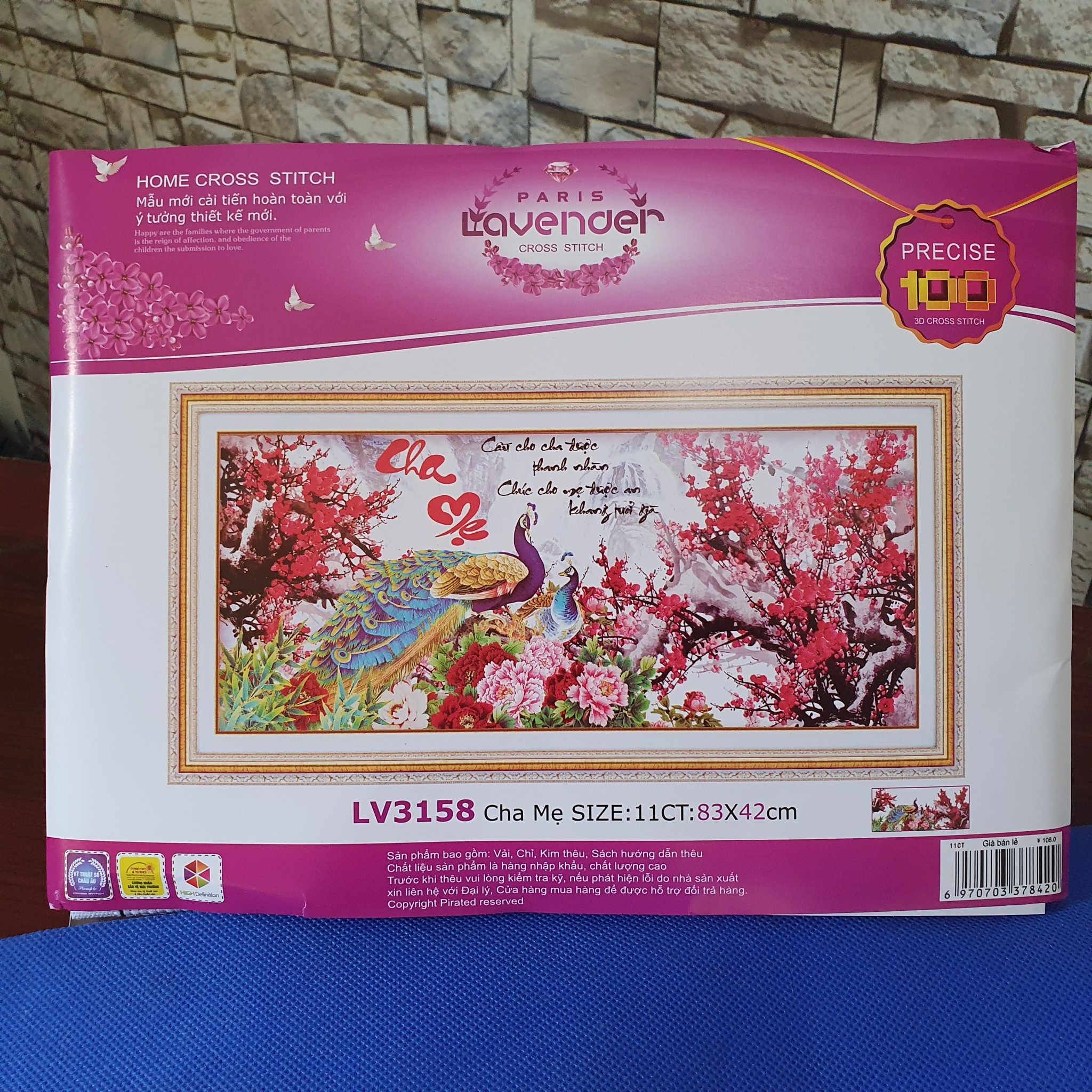 Tranh Thêu Chữ Thập Cha Mẹ Công Cành Đào LV3158 Size 83x42cm
