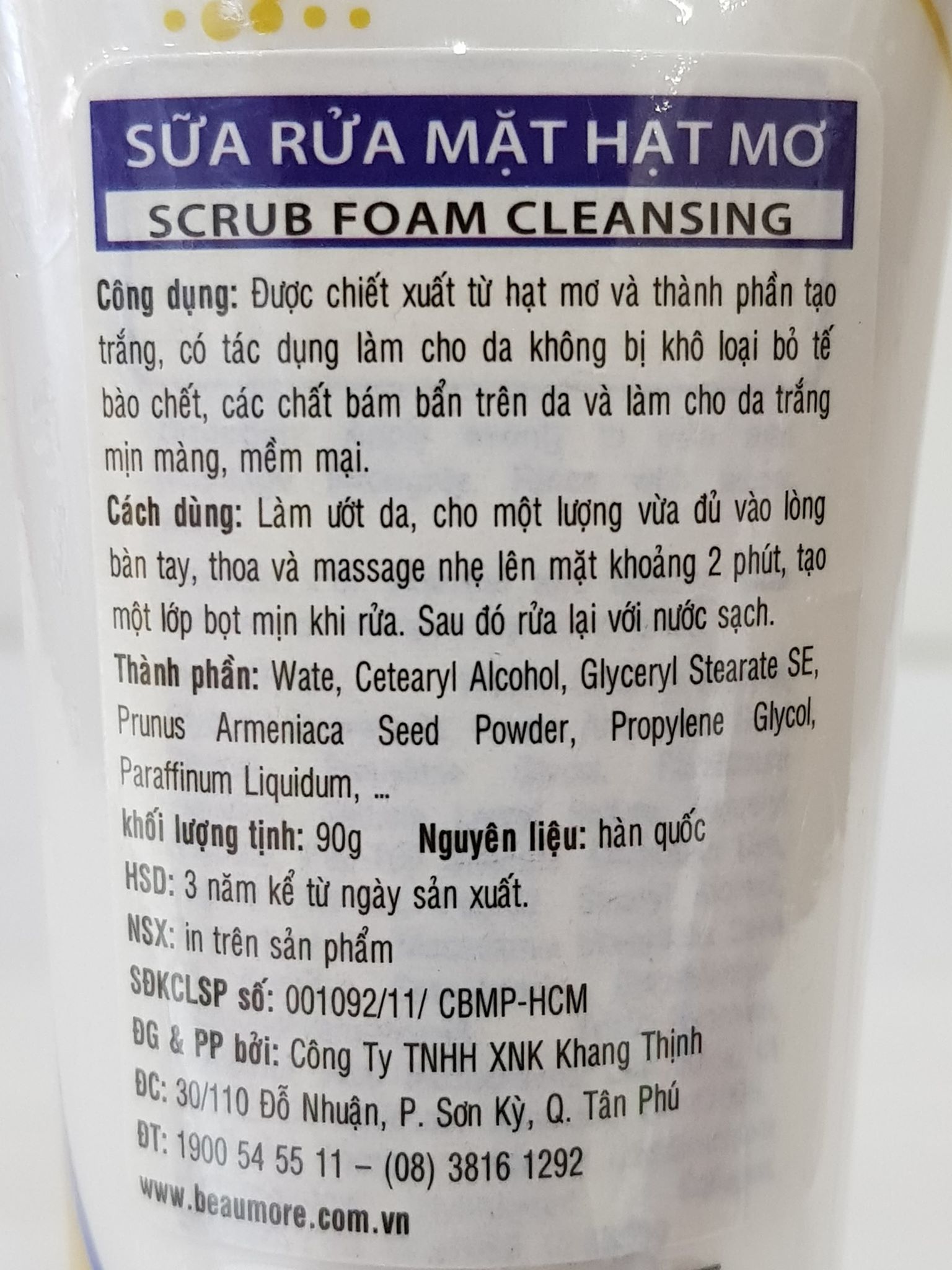 Sữa Rửa Mặt Hạt Mơ Beaumore 90g