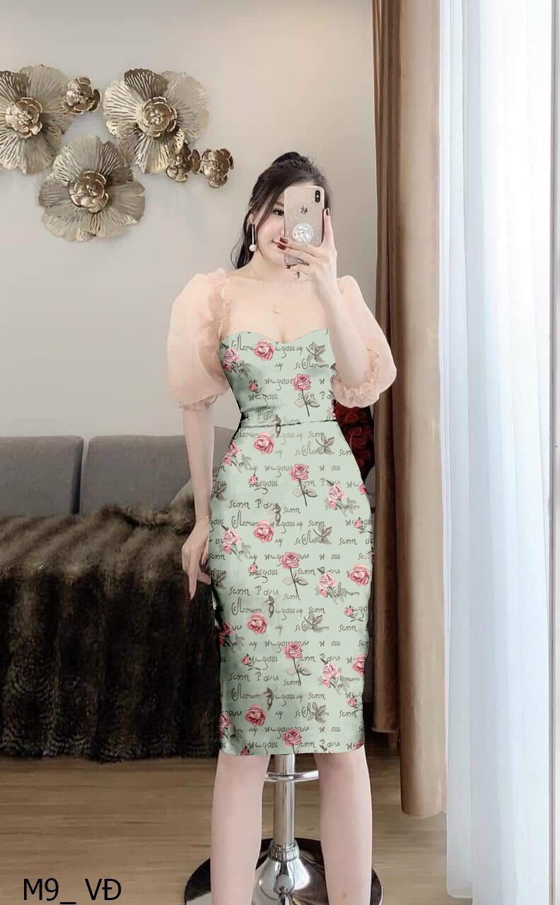 [HCM]Đầm body tay voan phồng cổ vuông họa tiết hoa hồng#dambodyhoahong