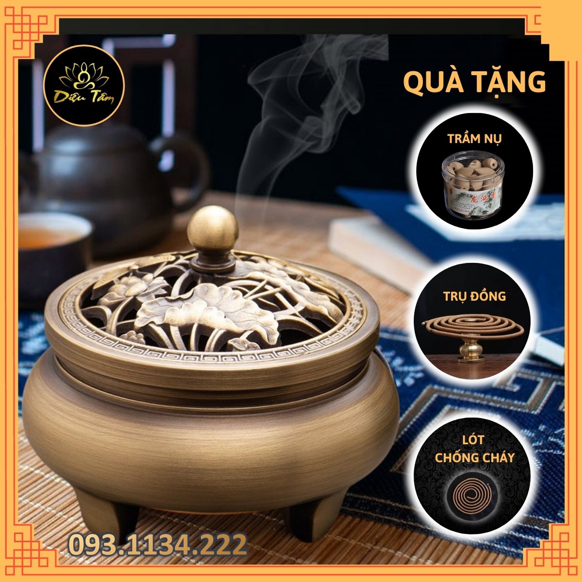 Lư xông trầm, lư đốt trầm hương bằng đồng 3 chân- Đốt trầm nụ, hương vòng, nhang, trầm bột lư thờ cúng đúc đồng nguyên khối dày dặn