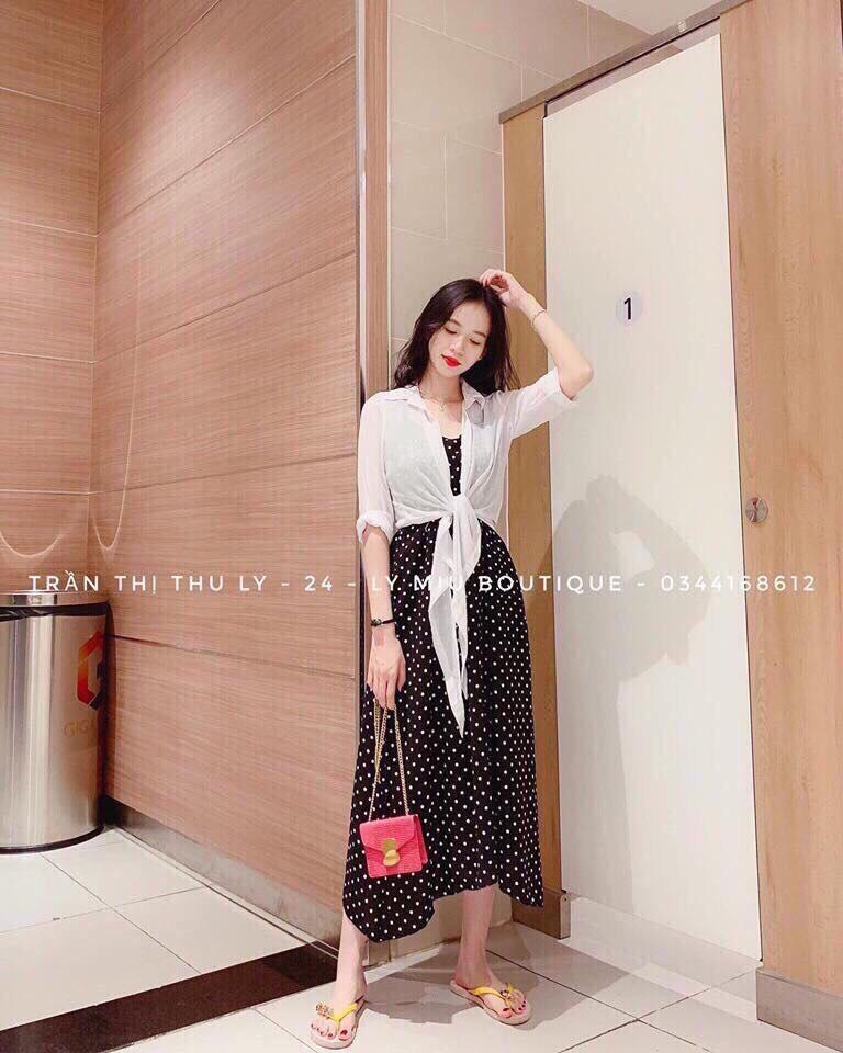 Đầm 2 dây chấm bi kèm áo sơ mi phong cách HÀN BQFS