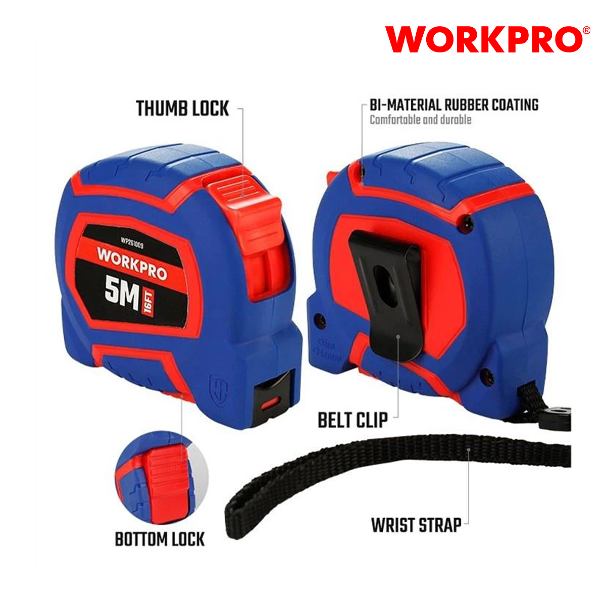5m x 19mm workpro-wp261009 nylon coated roll ruler