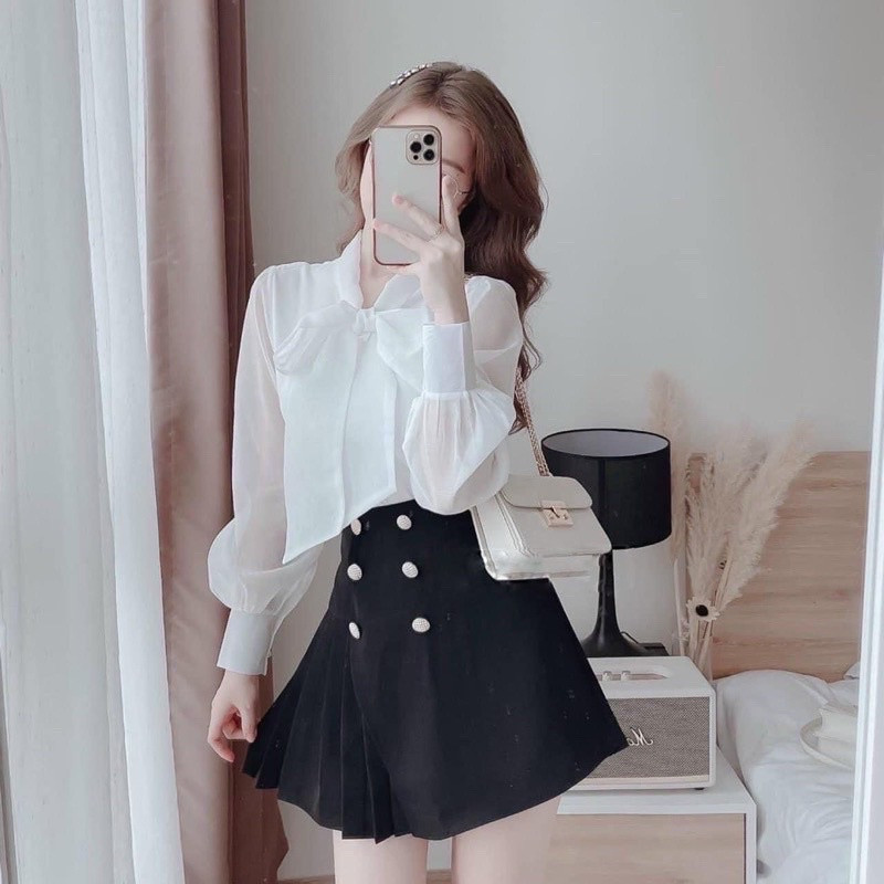 Áo sơ mi nữ phối nơ 2 lớp siêu xinh_m530