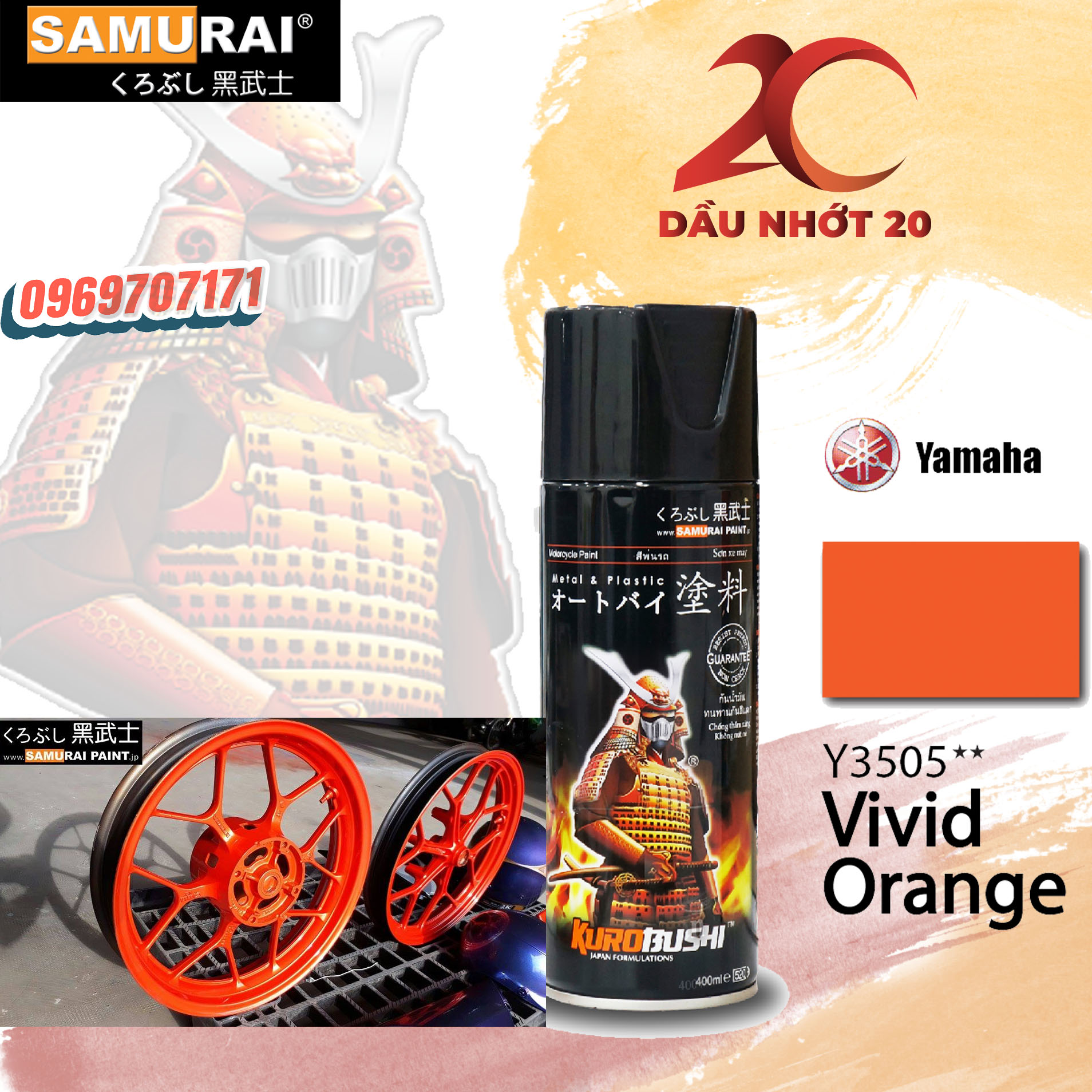 Y3505_ chai sơn xịt samurai y3505 màu cam rực vivid orange yamaha