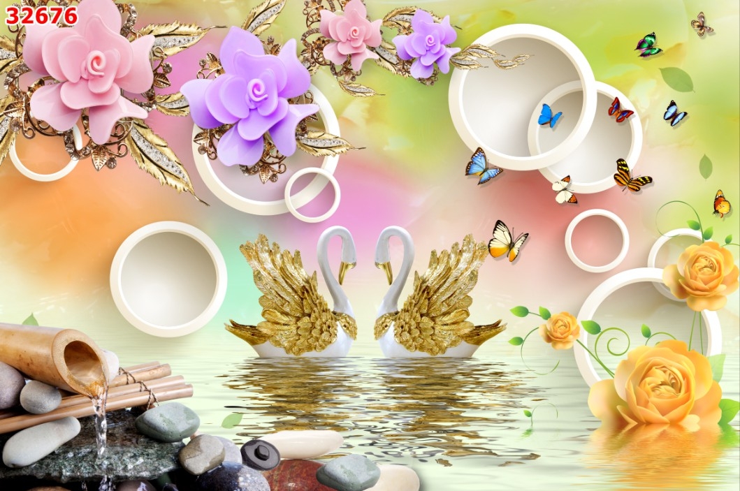 Tranh chim thiên nga 3D dán tường in trên chất liệu lụa cao cấp