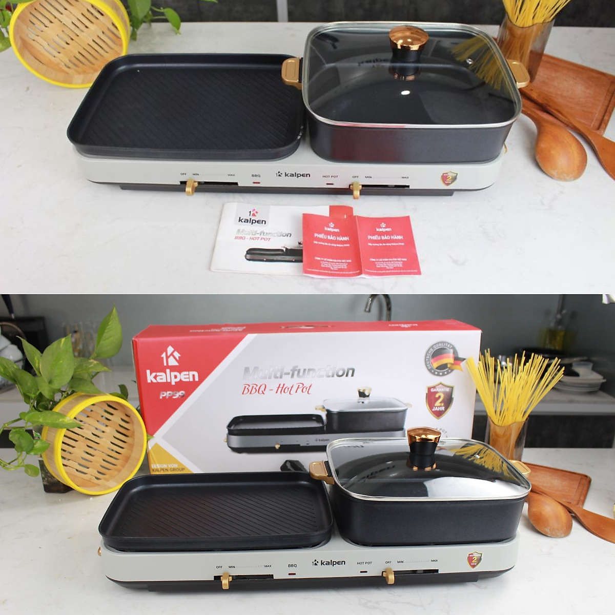 Bếp lẩu nướng đa năng kalpen pp99, công suất 2200w, 2 vùng nấu độc lập có thể tháo rời, bếp lẩu nướng đa năng kalpen, nồi lẩu nướng điện đa năng 2 ngăn tháo rời kalpen, bếp lẩu nướng đa năng hongshuang ,hàng chính hãng ,
