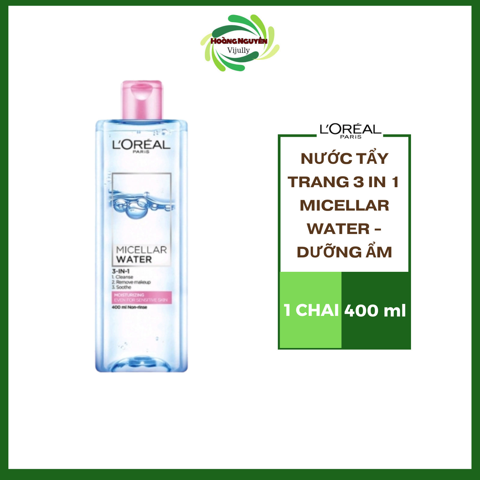 Nước tẩy trang dưỡng ẩm L'Oreal Paris Micellar Water 400ml (màu hồng)