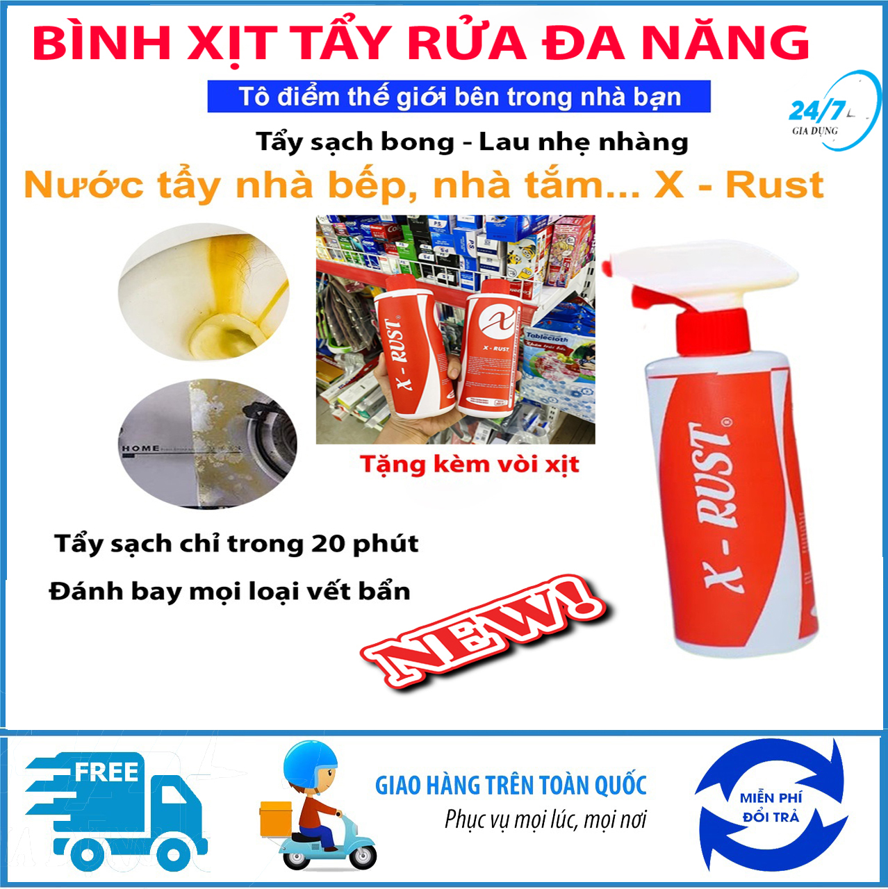 [Tặng kèm vòi xịt] Bình xịt tẩy rửa đa năng, chai xịt tẩy rửa nhà bếp, nhà tắm X-Rust tẩy rửa siêu sạch các vết dầu mỡ, cặn bẩn bám lâu ngày, nước tẩy rửa đa năng cực hiệu quả - Giadungbv247