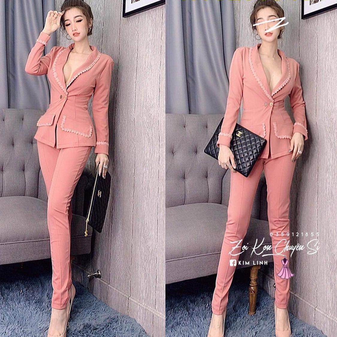 sét áo vest viền dây cột eo quần tây