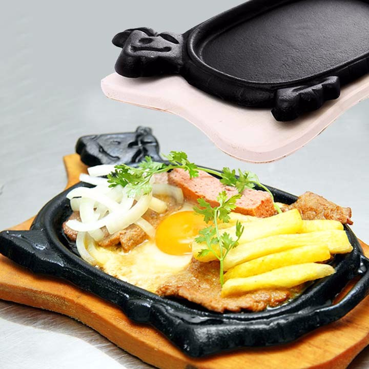 Bộ 2 chảo gang chống dính làm bò bít tết tặng kèm 2 đế gỗ