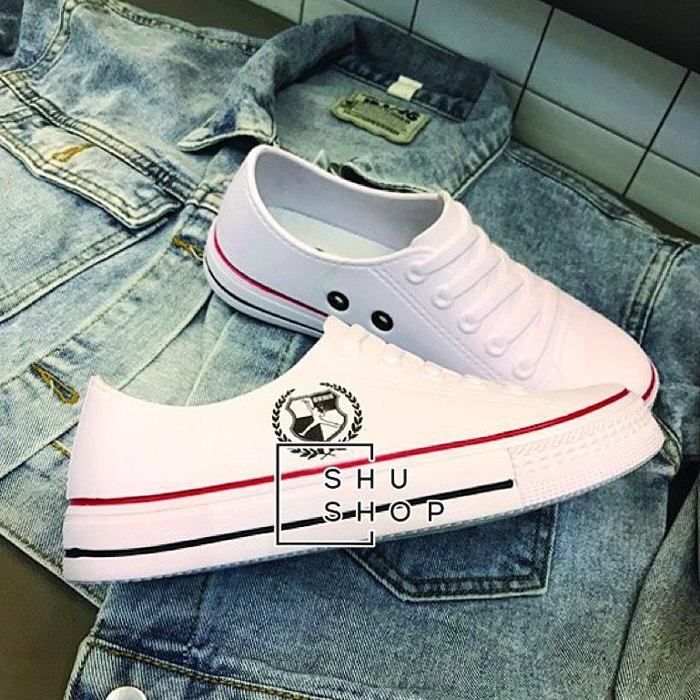 Giày bata nhựa EVA đi mưa siêu nhẹ- Giày lười sneaker nam nữ Duwa êm chân chống nước (FORM LỚN LÙI 1 SIZE) -iDÉP GL012- Trắng viền đỏ