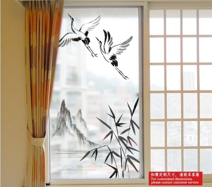Decal dán kính cao cấp - trúc nghiêng và đàn cò-dk1052