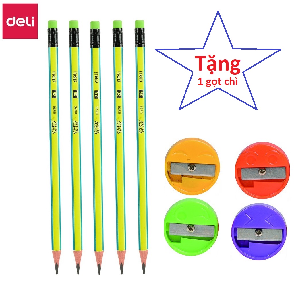 Combo 5 cây bút chì 2b deli eu 52606 tặng 01 gọt chuốt chì