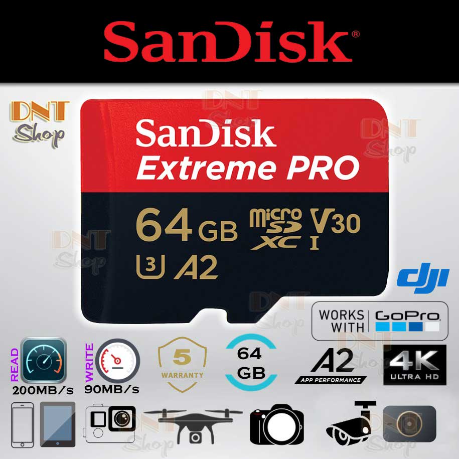 Thẻ nhớ MicroSDXC SanDisk Extreme PRO A2 - 64GB V30 U3 Class 10 UHS-I 200MB/s (SDSQXCU-064G-GN6MA)