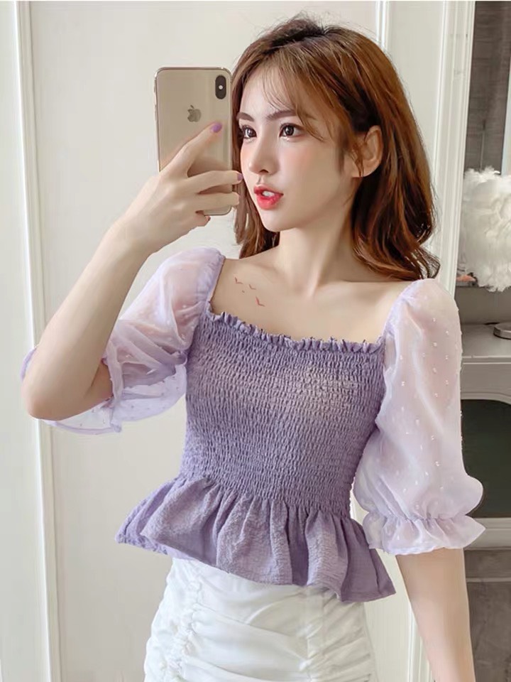 Áo voan nhún tay lưới ngắn dáng xòe cực xinh TTSLA0140
