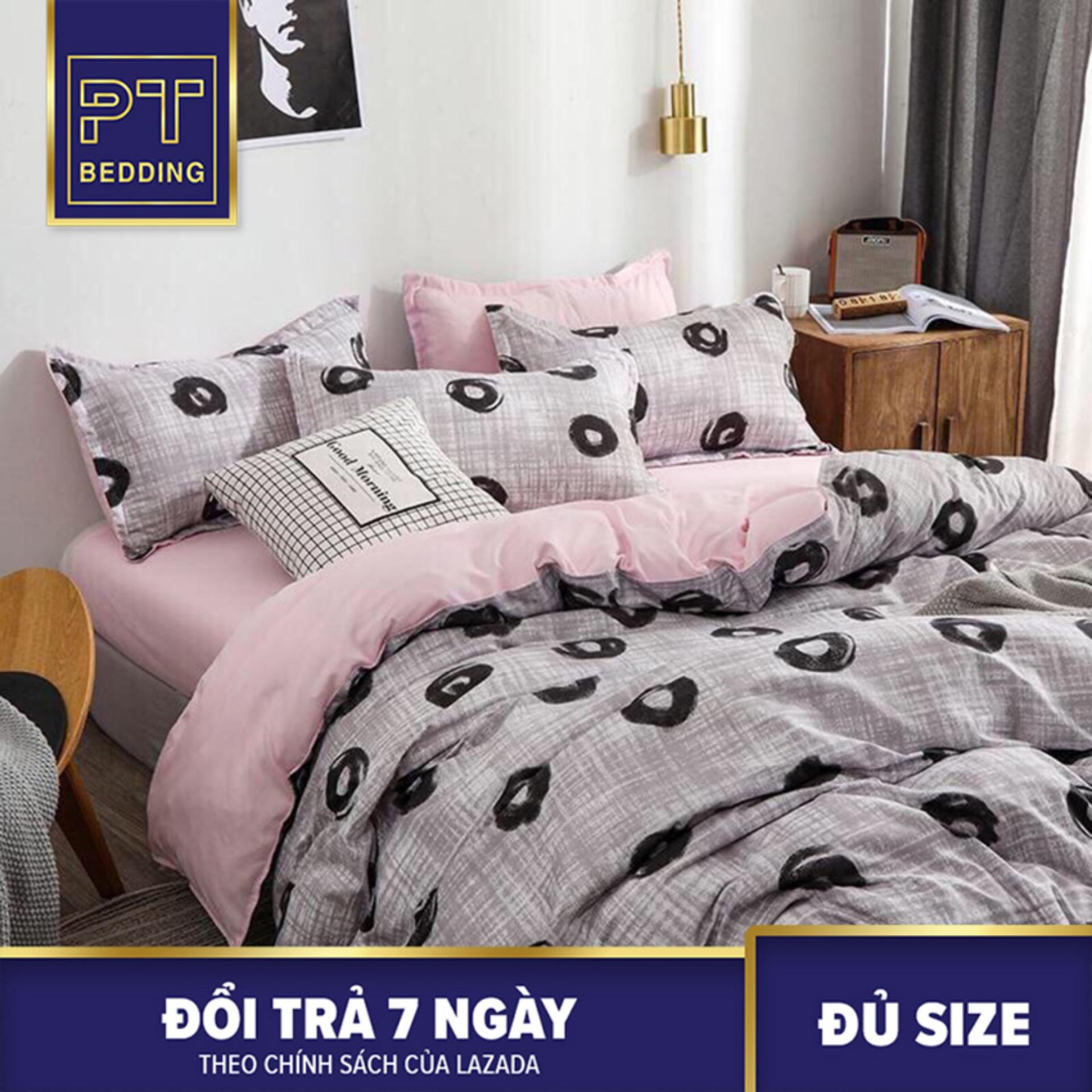 Bộ Chăn Ga Gối ( 01 Drap + 1 vỏ mền + 2 áo gối )  Họa Tiết Chấm Bi Đen