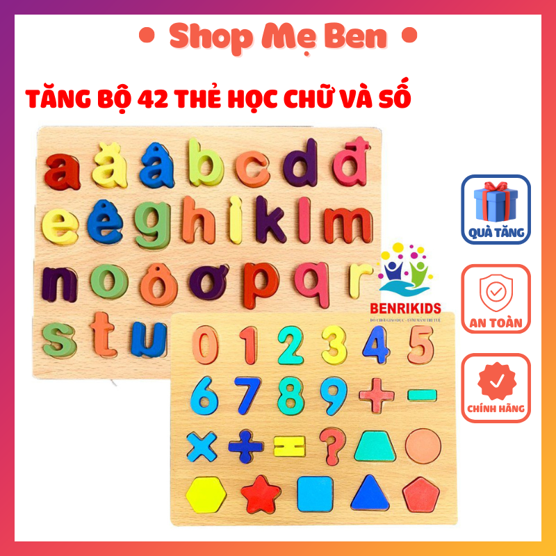 (Bundled set 42 learning cards) đồ child intelligent toy set 2 alphabet Vietnamese embossed print casual and table numbers counting geometry for baby from 2 years old, wooden Board for baby learning
