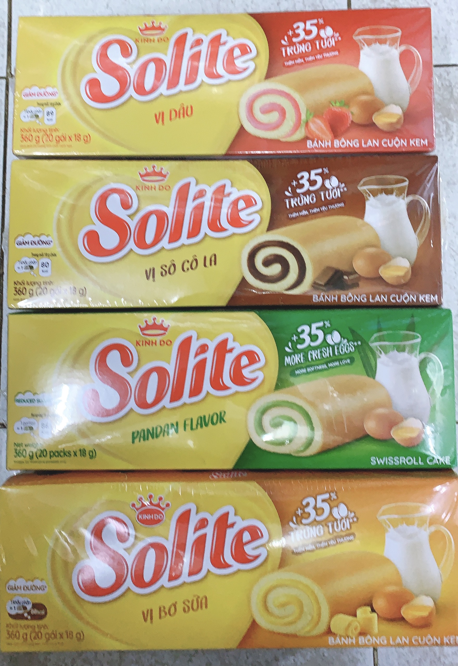 [socola/ dâu/ dứa/bơ sữa]Bánh Solite bông lan cuộn kem 360g (20 pack*18g)