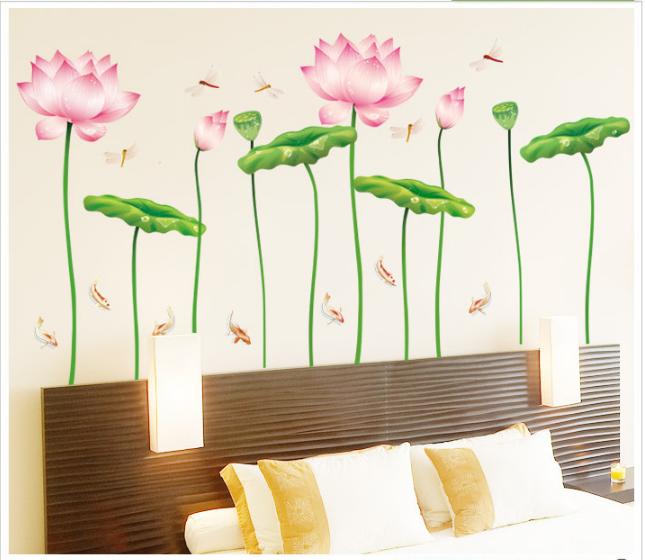 Decal trang trí tường - Sen Hồng mỏng và đán cá KOI nhỏ