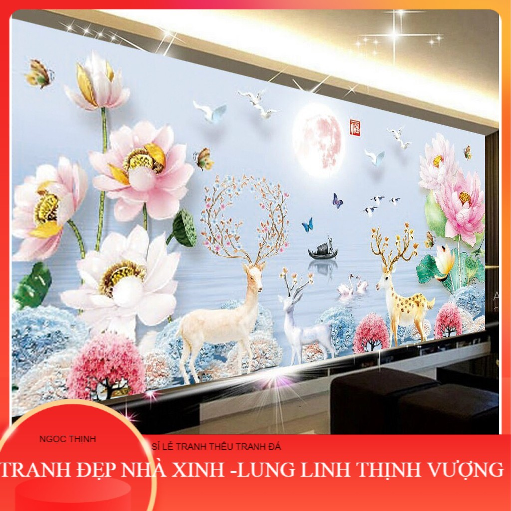 Tranh thêu kín Hươu Tài Lộc Hoa Sen E67 (100x55cm) - tranh chưa thêu NGỌC THỊNH SHOP TRANH