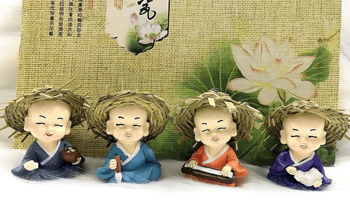 Bộ 4 Chú Tiểu Cầm Kỳ Thi Họa Đội Nón Rơm