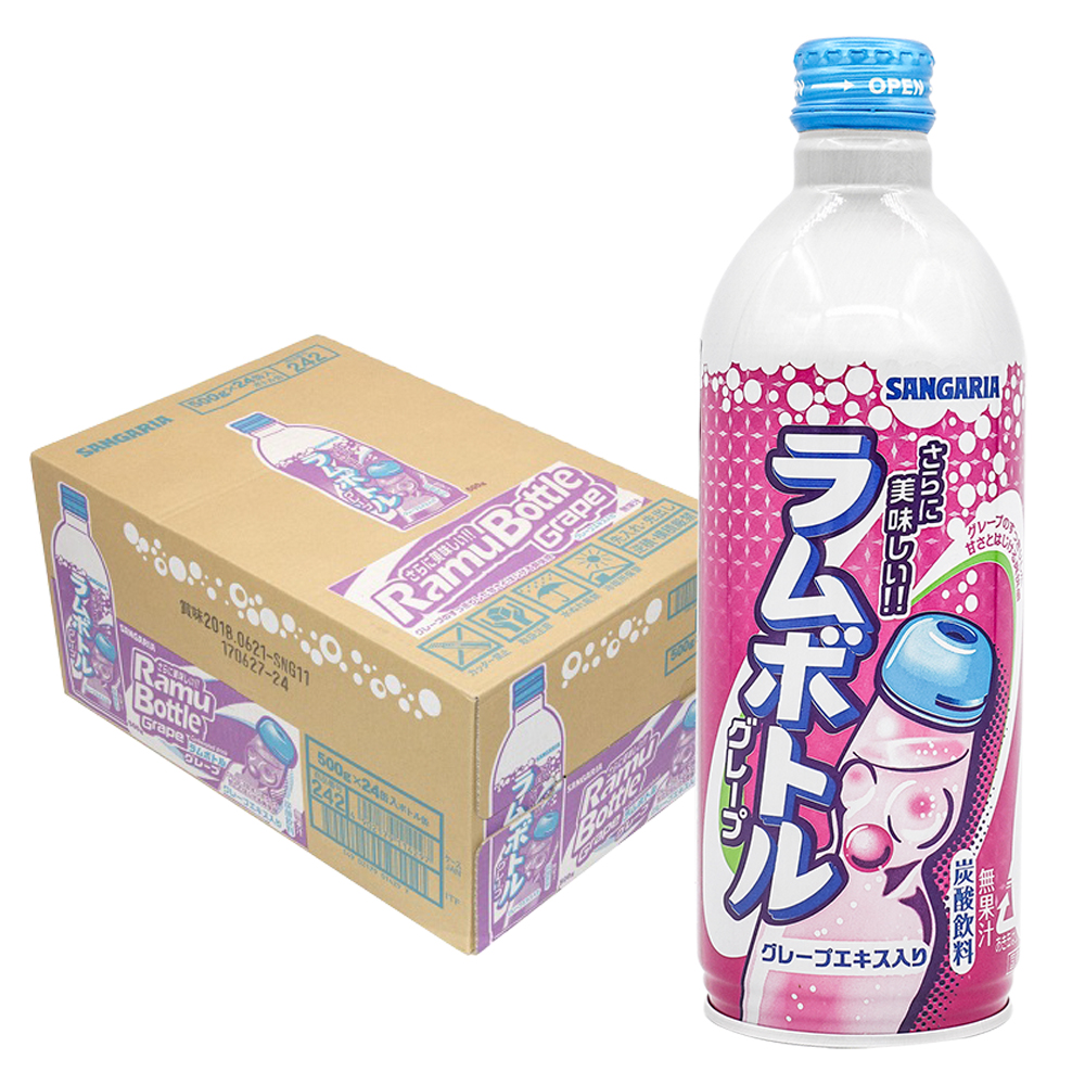 Thùng 24 chai Soda có ga Sangaria 500mL vị chanh, nho và dưa lưới 500g