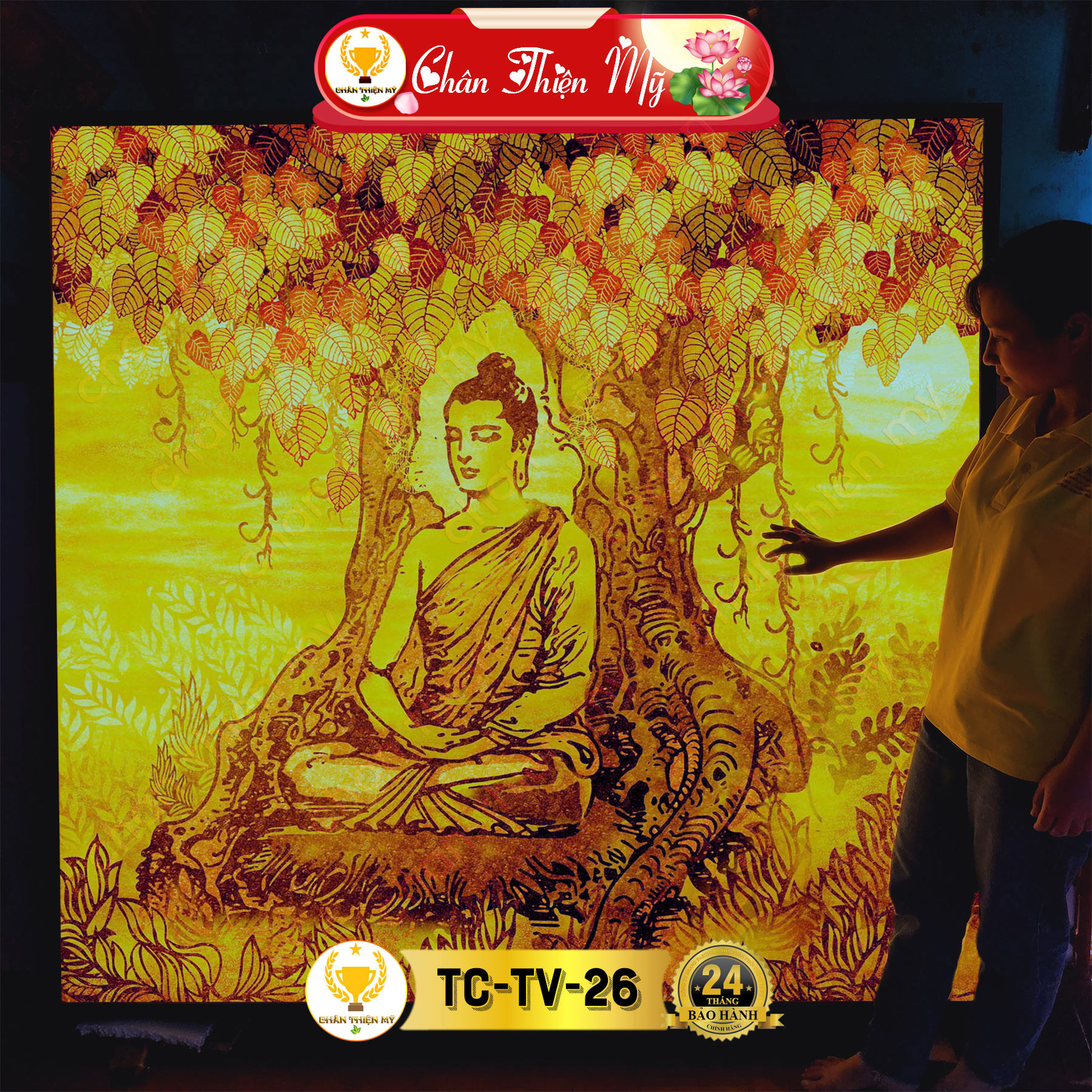 Tranh In Trúc Chỉ Vuông Phong Thủy CHÂN THIỆN MỸ, Đèn Trang Trí Phòng Thờ, Bàn Thờ TC-TV-94