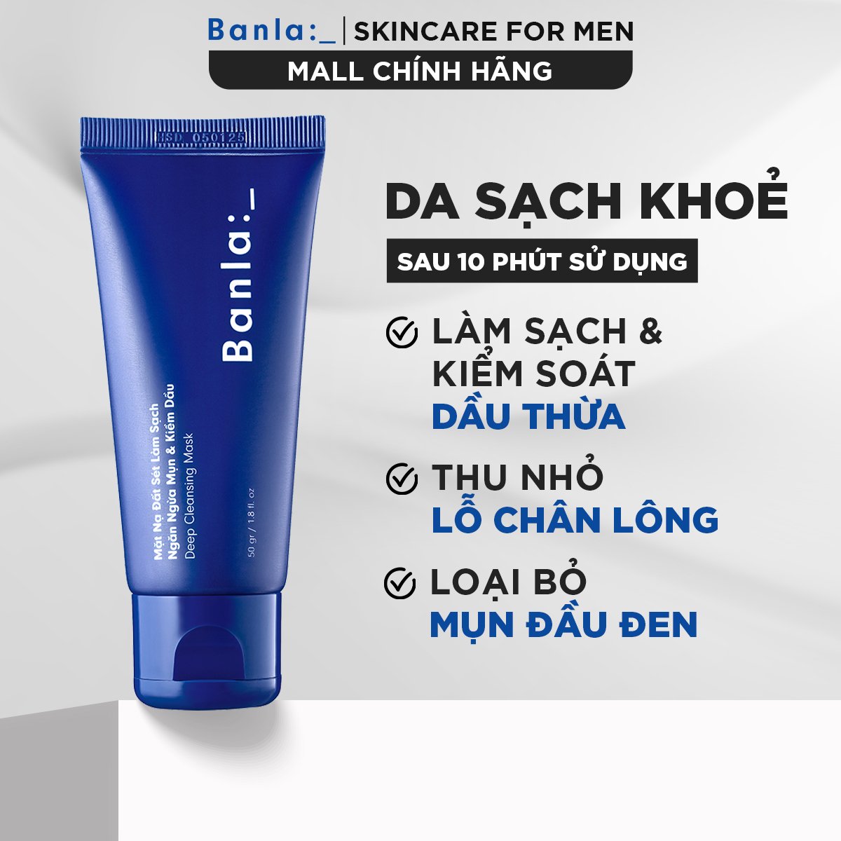Mặt nạ đất sét se khít lỗ chân lông, ngừa mụn, giảm mụn đầu đen & kiềm dầu làm sạch da dành cho nam banla 50gr
