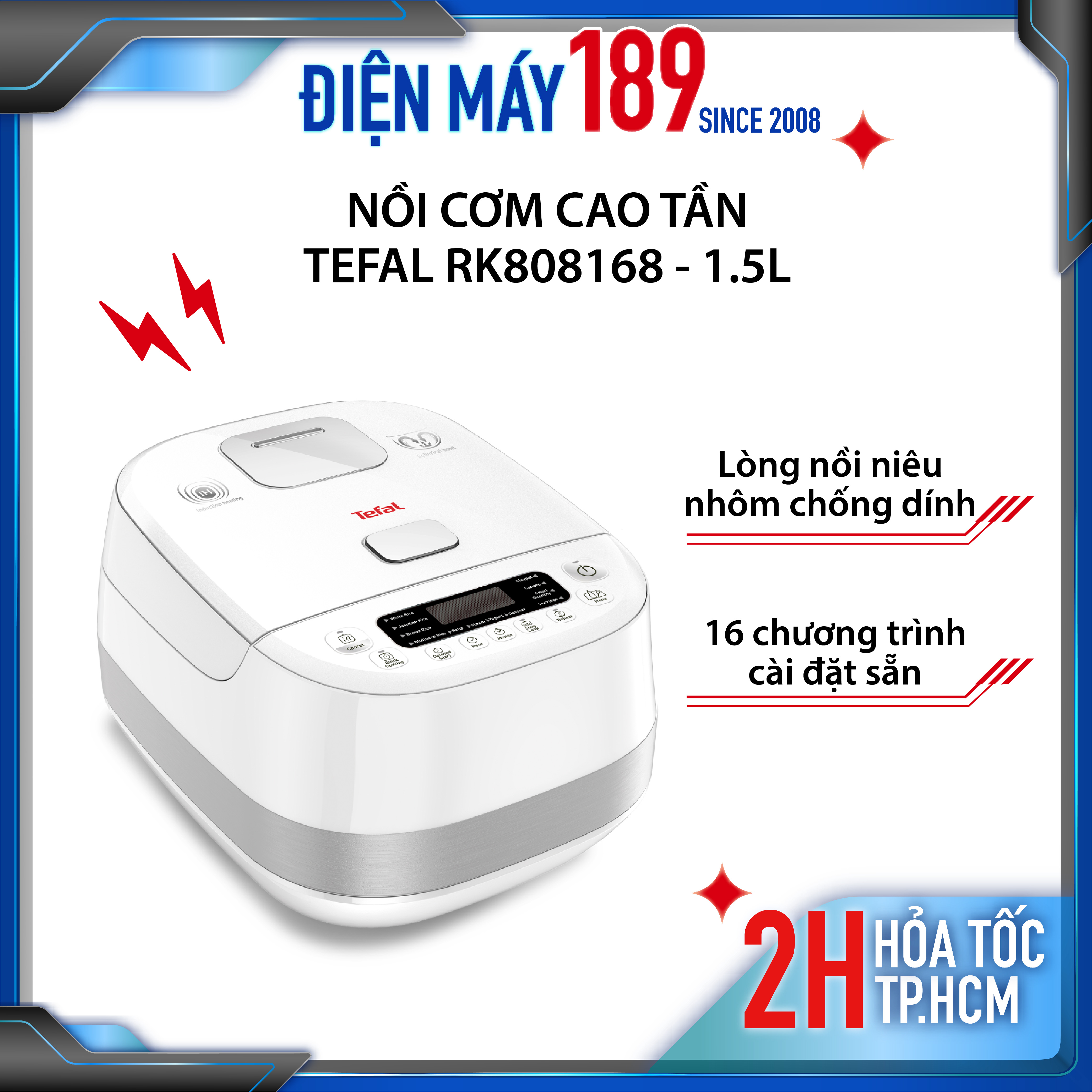Nồi cơm điện tử cao tần tefal rk808168 1.5l 1200w - hẹn giờ, lòng nồi niêu chống dính, 16 chức năng, nấu cơm cháy - hàng chính hãng, bảo hành 2 năm