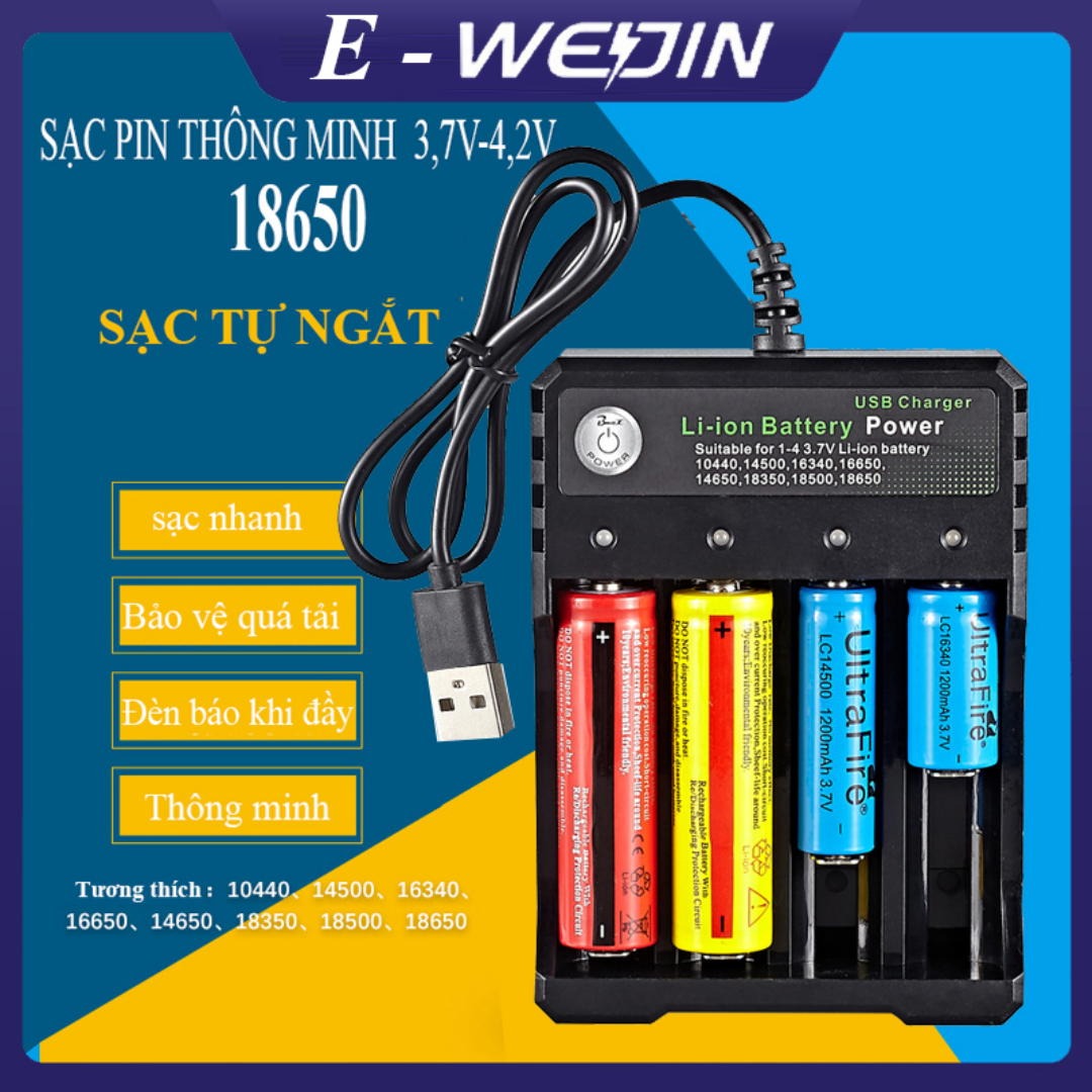 Sạc Pin 18650 - 04U Tự ngắt thông minh và có đèn báo khi đầy BMAX BH-042100