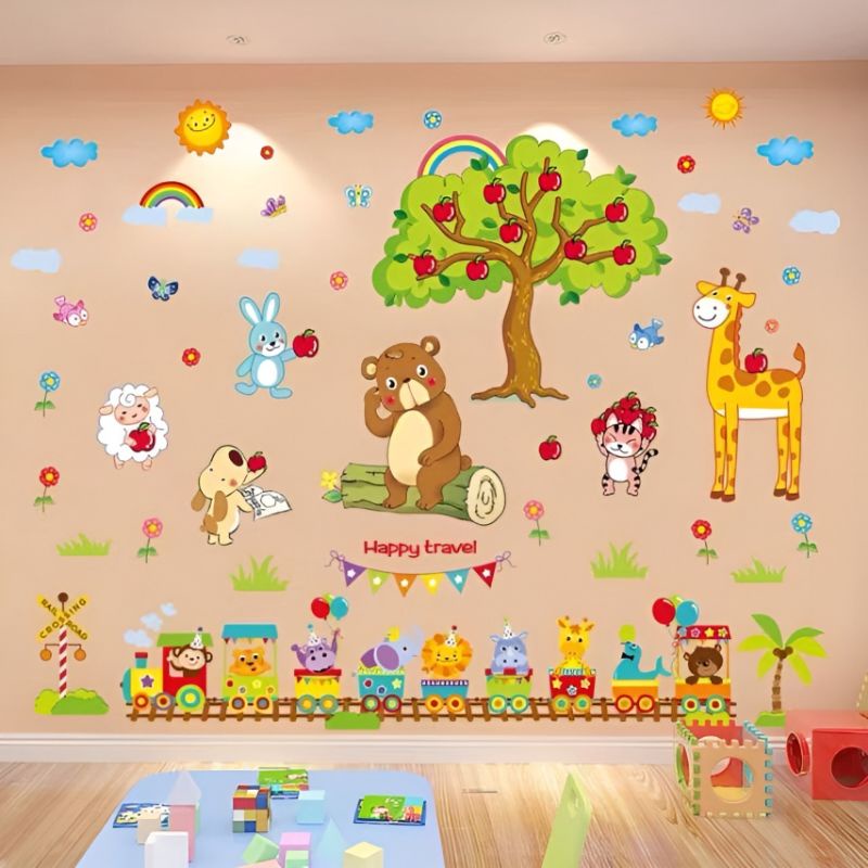 Decal dán tường thú cây táo và đoàn tàu