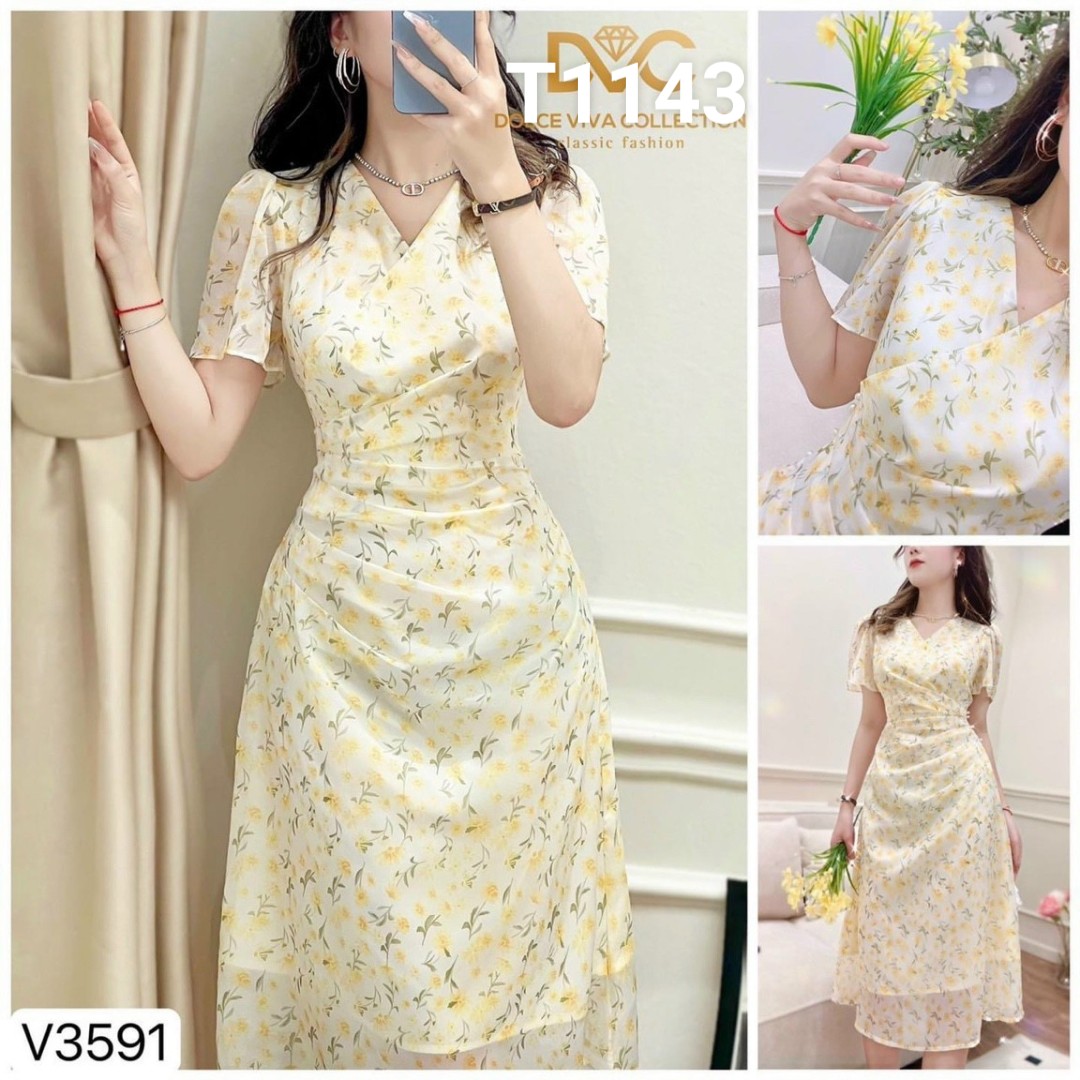 Đầm voan hoa nữ đuôi cá xếp ly đính cườm eo có lot T1143